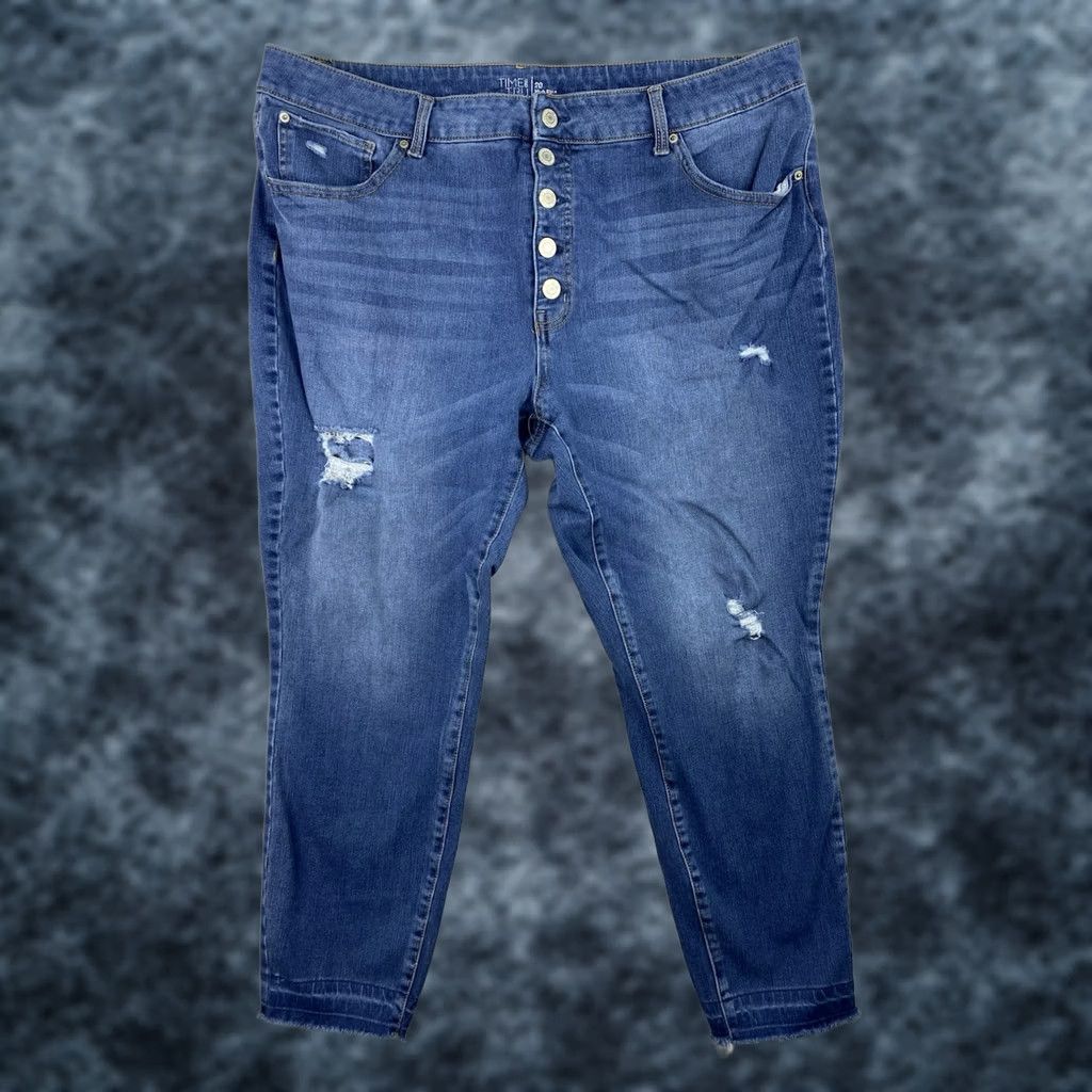 Vintage Time And Tru Jeans Skinny 20 Plus Blue High Rise Button Fly Distressed Denim Jeans Women Size 42" / US 20 - 1 Thumbnail