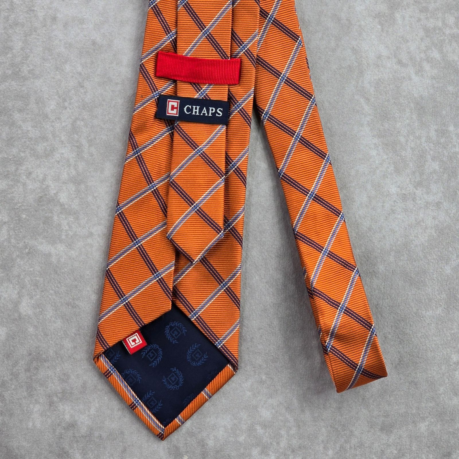 Chaps Chaps Orange Blue Plaid Tartan Stripe 100% Silk Neck Tie Size 32 - 3 Thumbnail