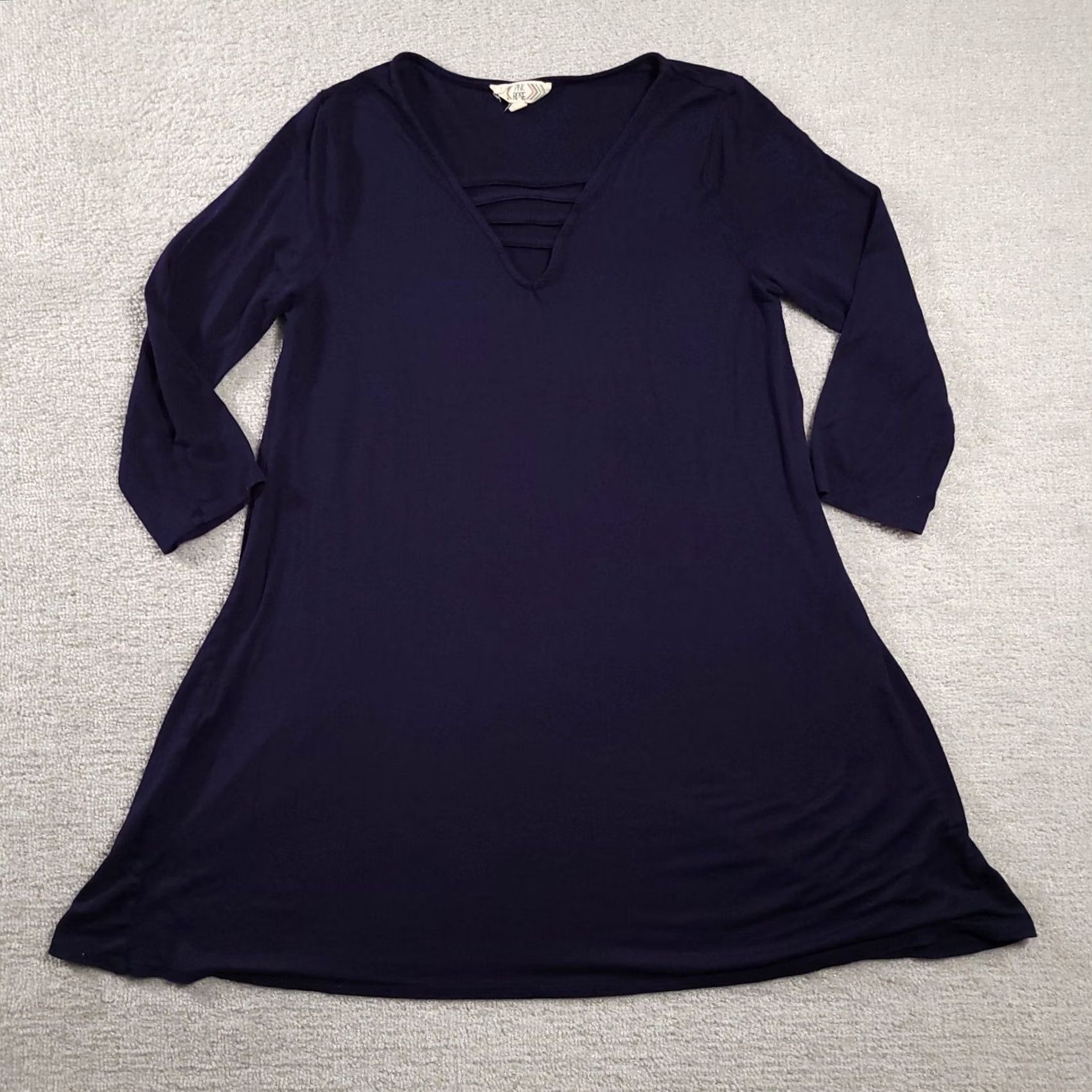 Vintage Pink Rose Dress Womens Large Blue Long Sleeve Knee Length Stretch V Neck Dress Size L / US 10 / IT 46 - 2 Thumbnail