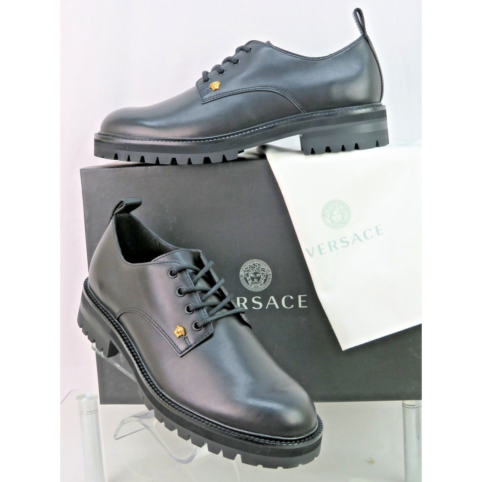 Versace Black Leather Gold Medusa Logo Lug Sole Oxfords 43 Shoes, Men's (Size 10)