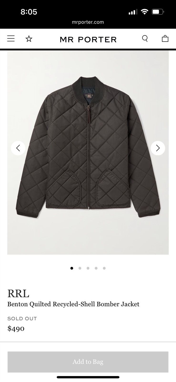 RRL Benton Quilted Recycled-Shell Bomber Jacket