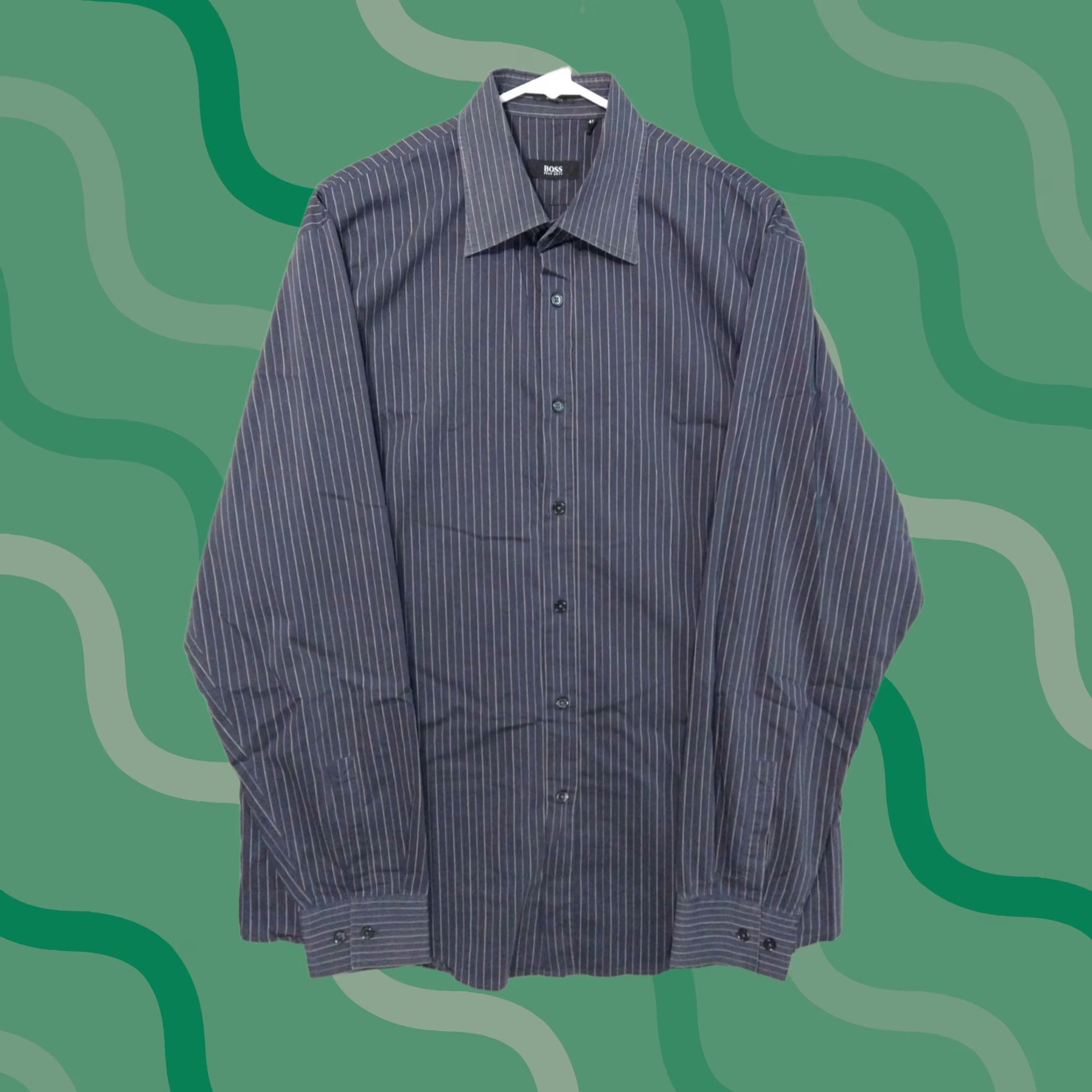 Hugo Boss HUGO BOSS Shirt Mens 16 Gray Striped Long Sleeve Button Up Cotton Stretch Size US L / EU 52-54 / 3 - 1 Thumbnail