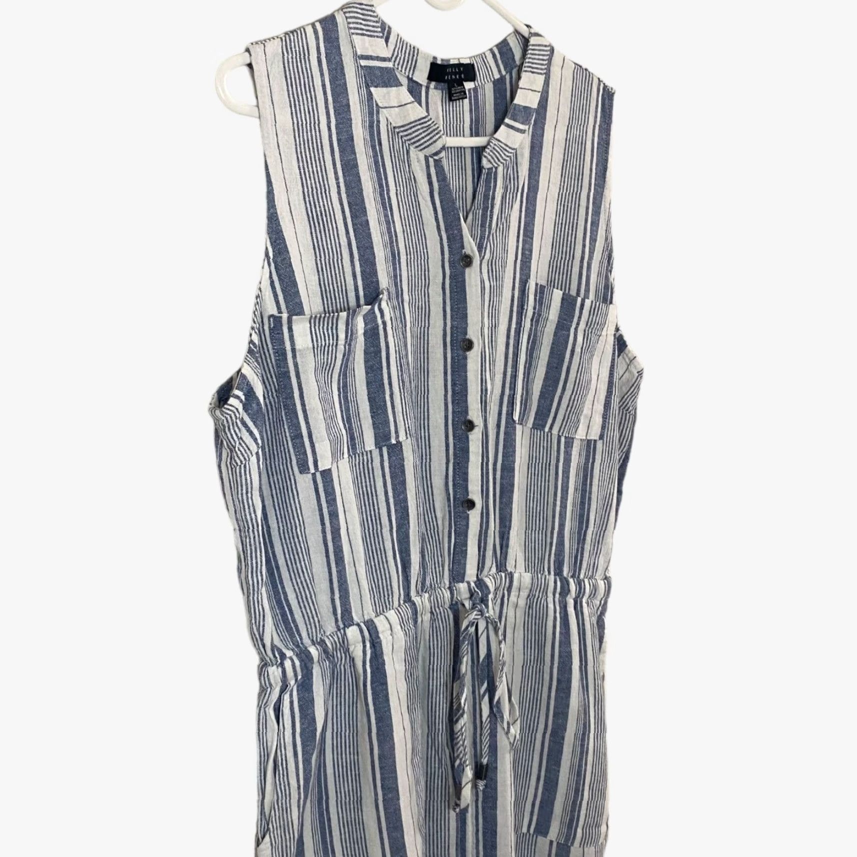 Vintage Kelly Renee Sleeveless Linen Blend Romper Blue White Pockets Women's Large Size 36" / US 14 / IT 50 - 4 Thumbnail