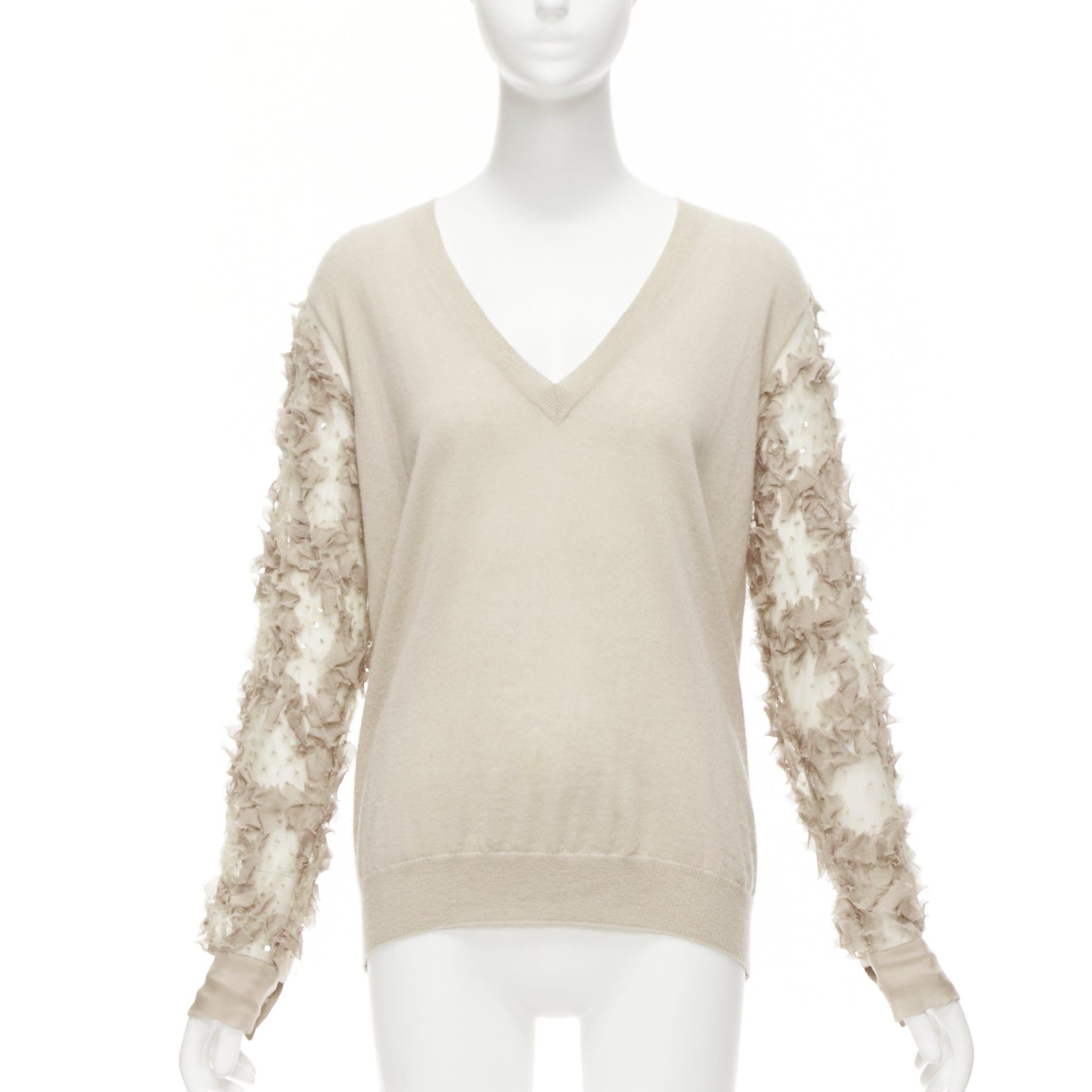 Dries Van Noten DRIES VAN NOTEN stone cashmere silk ruffle sheer sleeves V-neck sweater S Size S / US 4 / IT 40 - 1 Thumbnail