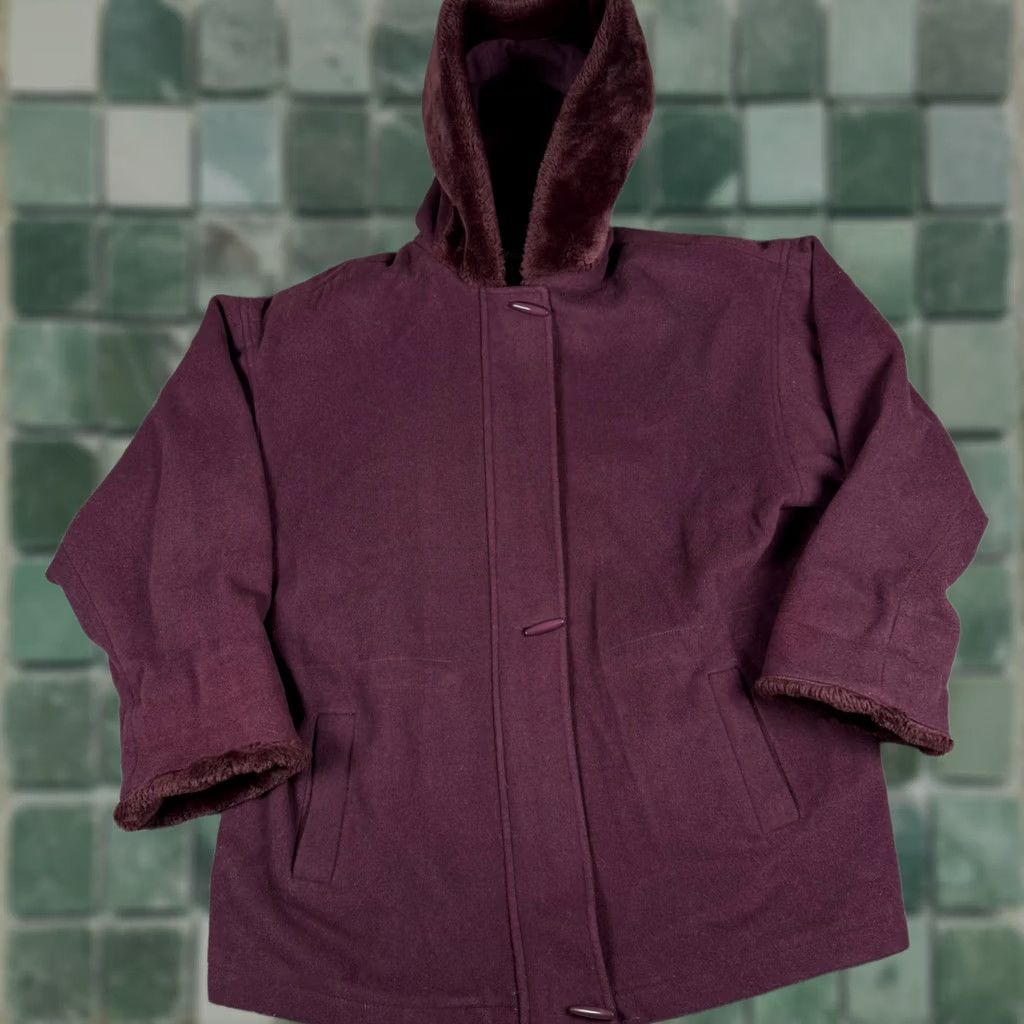 Vintage VINTAGE Herman Kay Coat Wool Blend Hooded Faux Fur Trim Button Zipper Toggle Purple 14 Women Outerwear Fall Winter Size XL / US 12-14 / IT 48-50 - 1 Thumbnail