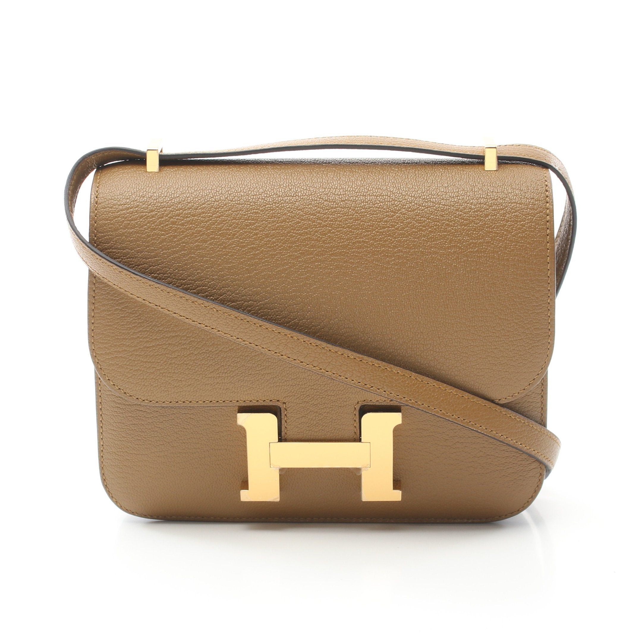 Hermes Constance Mini Craft Shoulder Bag Chevre Light Brown Gold