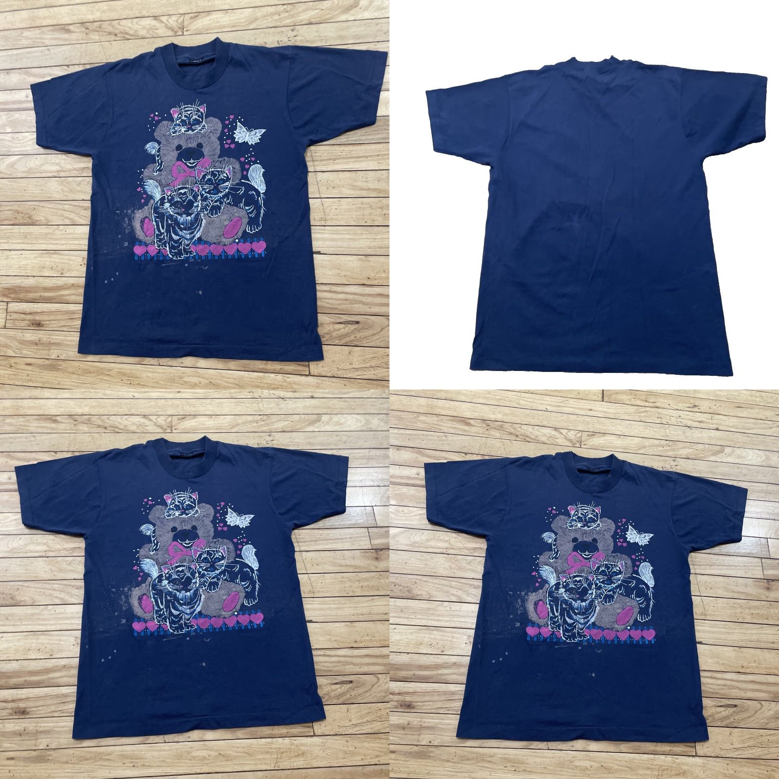 Vintage VINTAGE CATS Hearts Print Y2k Shirt Adult L Slim Blue Pink Grunge Paint Tee (L fits M) Size US L / EU 52-54 / 3 - 9 Thumbnail
