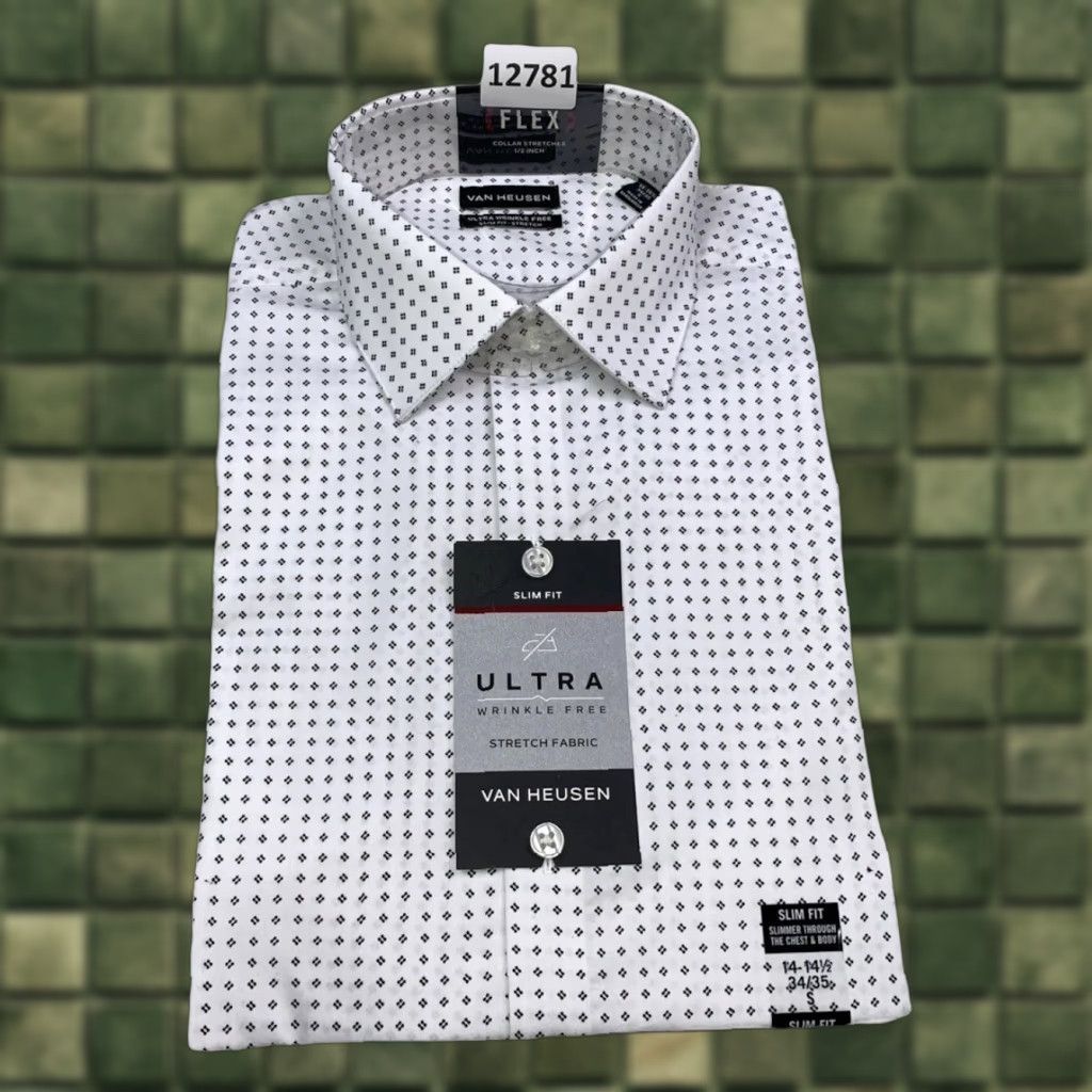 Van Heusen Van Heusen Dress Shirt Slim Fit Stretch 14- 14.5 NWT Men S White/Blue Geometric 34/35 Long Sleeve Button Collared Shirt Size 36R - 1 Thumbnail