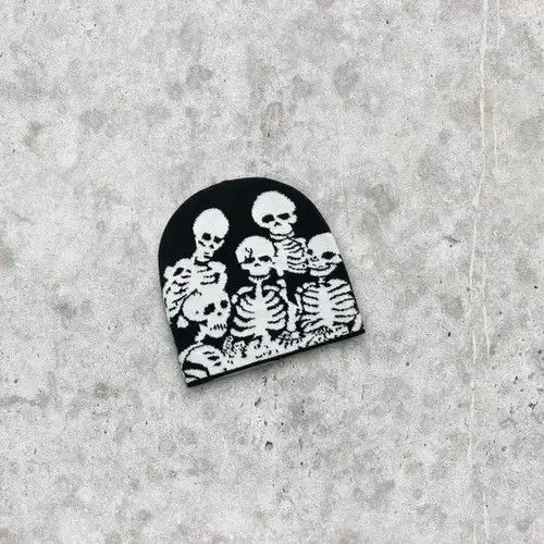 Japanese Brand × Vintage 🕷☠️ Japanese style Beanie hat Skeleton pattern y2k ⚡️ Size ONE SIZE - 1 Thumbnail