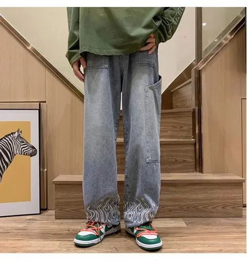 THVM Loose Straight Jeans Fire Embroidery Size US 34 / EU 50 - 2 Thumbnail