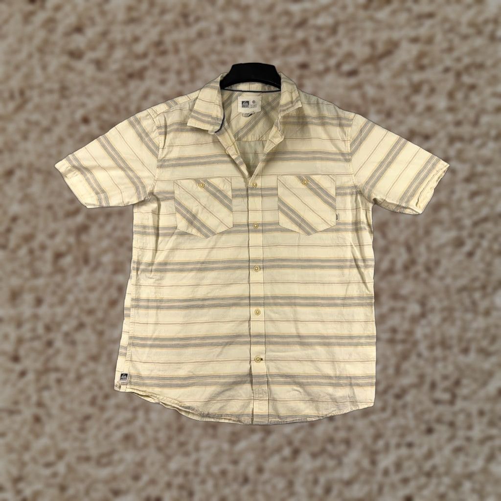 REEF Reef Shirt Mens Large Yellow Gray Striped Button Up 100% Cotton Beach Surf Size US L / EU 52-54 / 3 - 1 Thumbnail