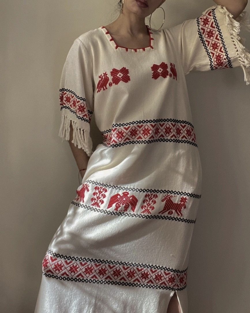 Vintage Mexican Boho Embroidered Fringe Dress