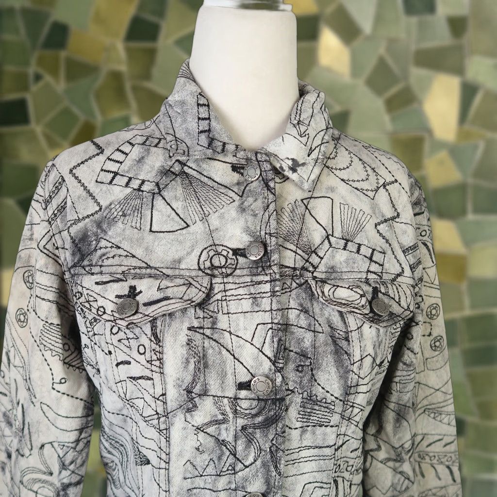 Vintage VINTAGE Chico's Cream and Black Abstract Embroidered Denim Jacket S Womens Jacket Size S / US 4 / IT 40 - 1 Thumbnail