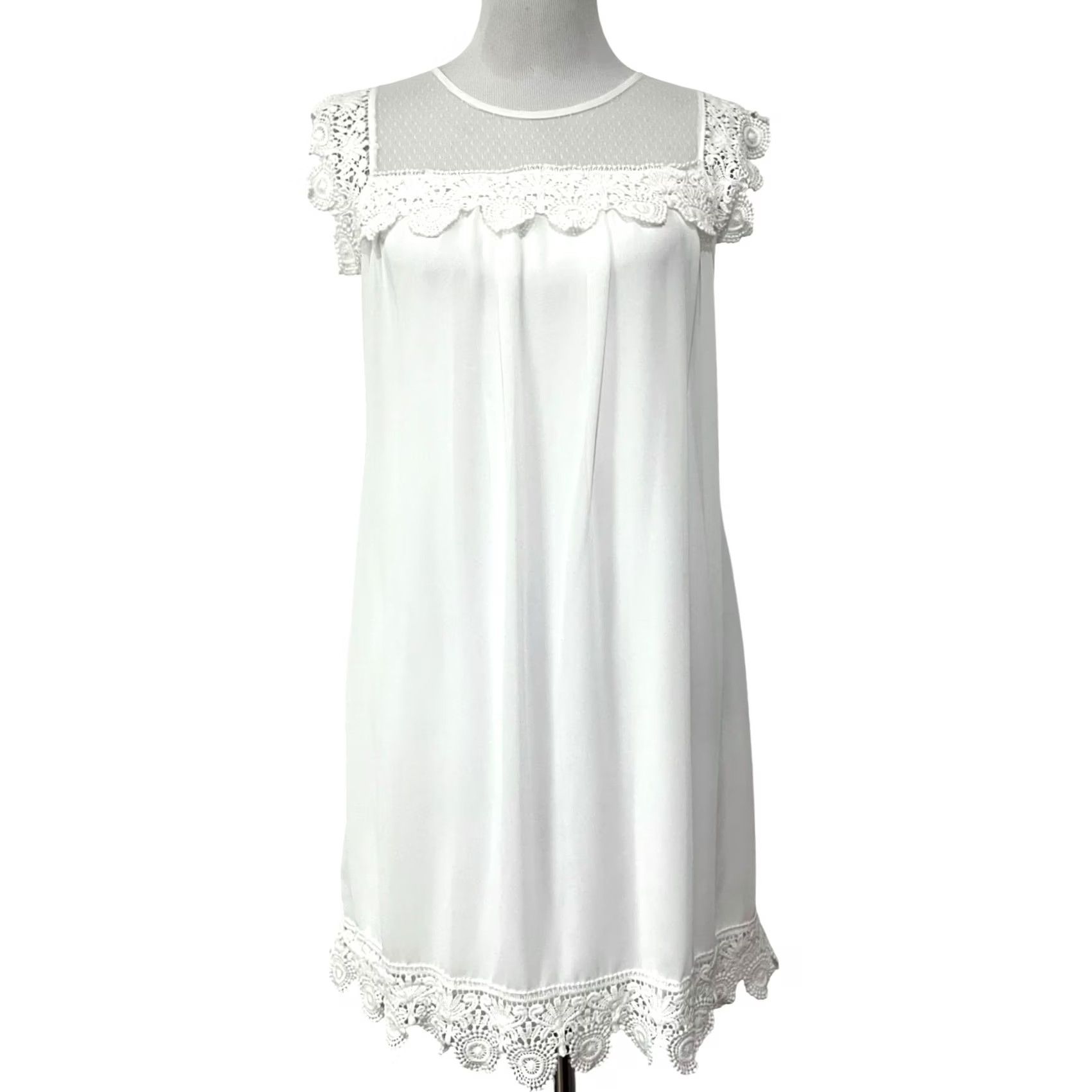 Vintage City Triangles Women's White Mini Shift Dress Chiffon Lace Trim Size M Mid 35" Length White Womens Shift Dress Size M / US 6-8 / IT 42-44 - 2 Thumbnail