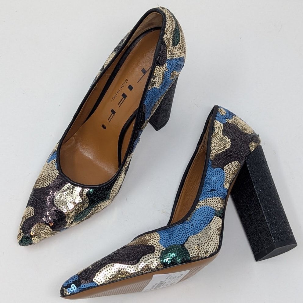 TIFFI Sequin Pointed Toe Block Heels Black Gold Blue Size 37