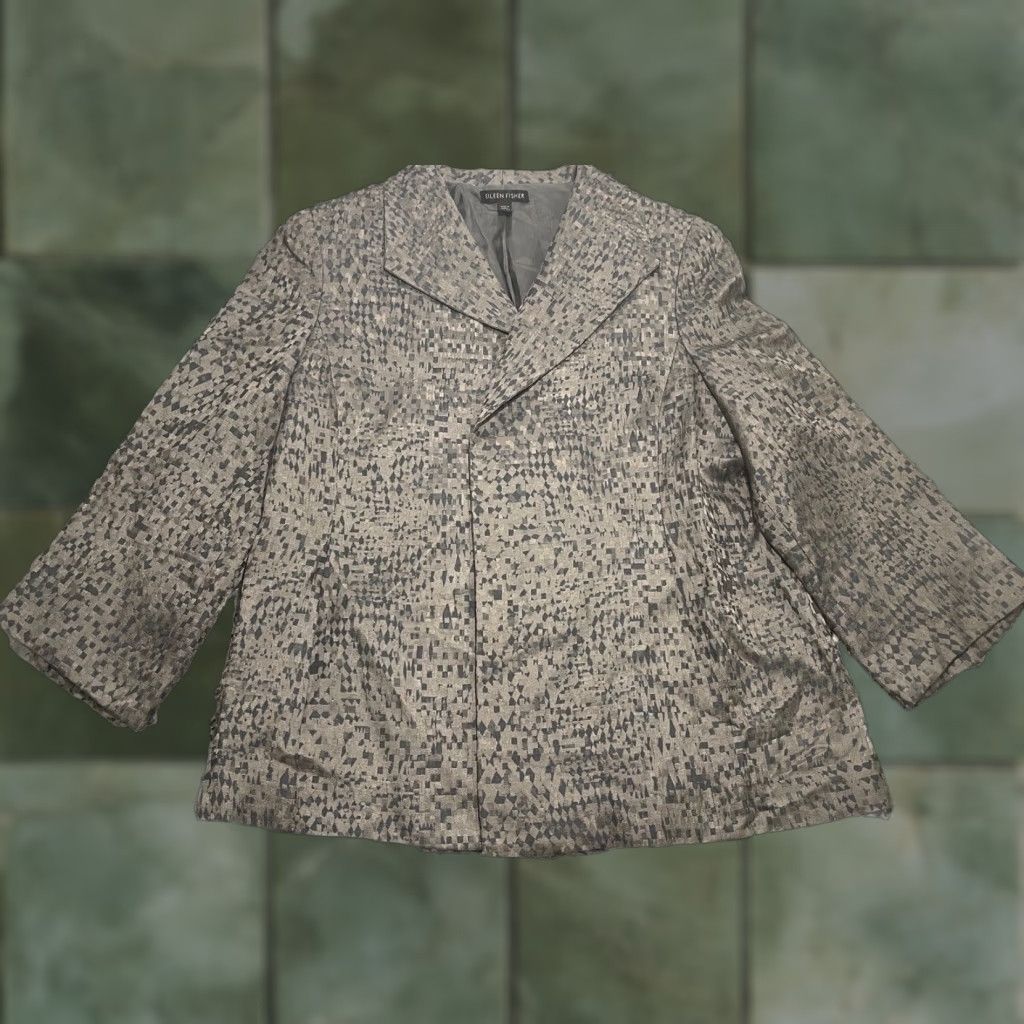 Eileen Fisher Eileen Fisher Jacquard Jacket Womens XS Silk Blazer Open Front Gray Geometric Shoulder Pads Casual Fall Winter Dressy Women's Jacket Size XS / US 0-2 / IT 36-38 - 1 Thumbnail