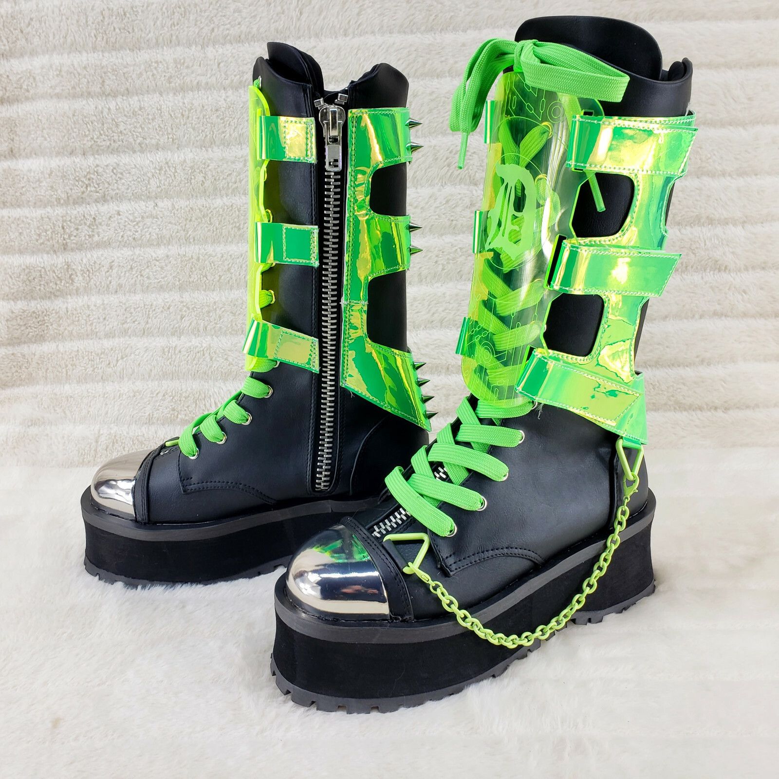 Other GraveDigger 255 Neon Green Acrylic Shield Mid Calf Boots Men Size US 5 / EU 37 - 6 Thumbnail
