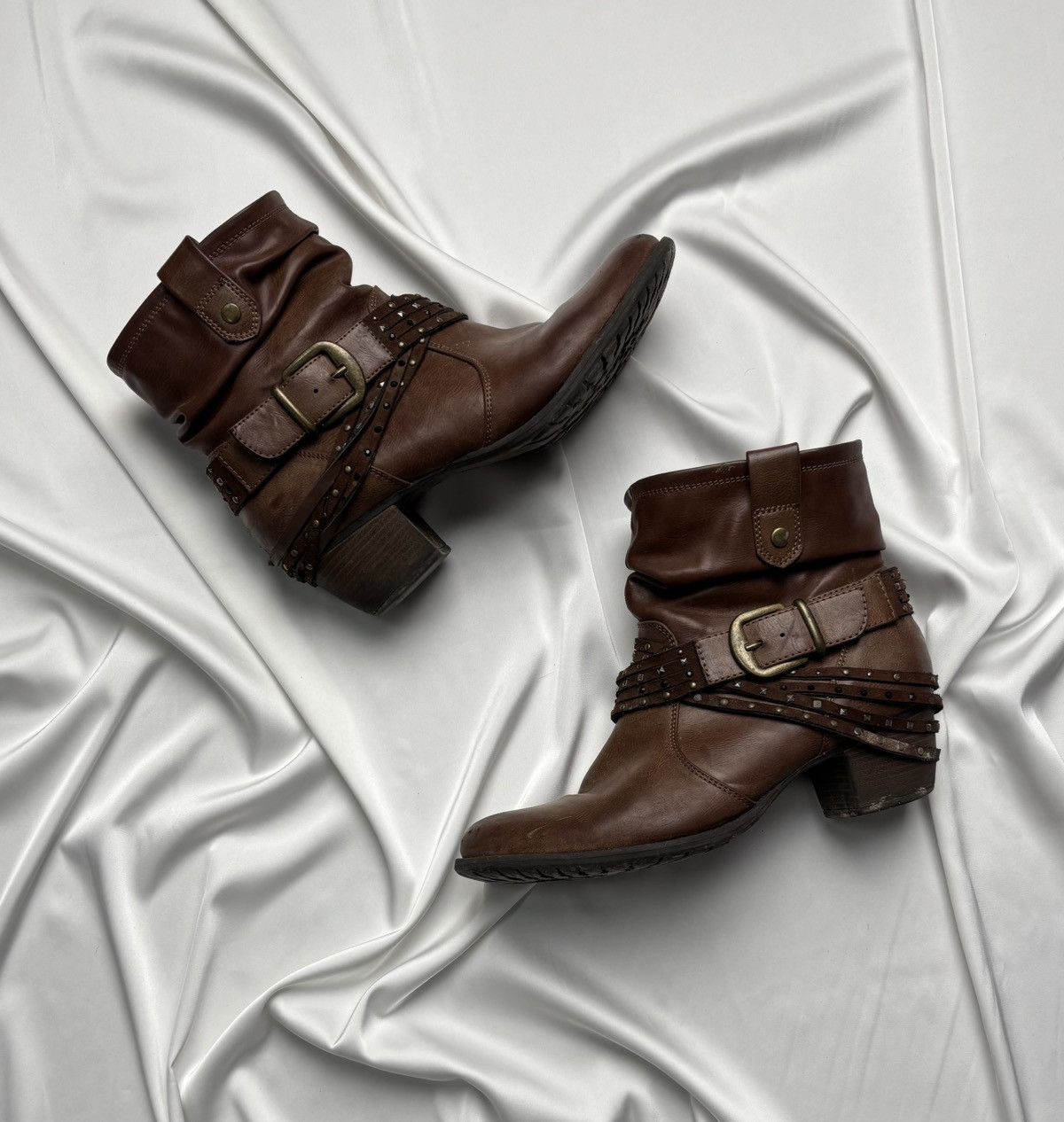 Avant Garde x Vintage Leather Studded Belted Heel Shoes Boots in Brown, Men's (Size 8)
