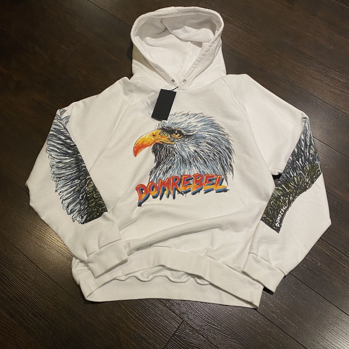 image of NWT Dom Rebel Pullover Hoodie Mens Size L Eagle Double Sided in White