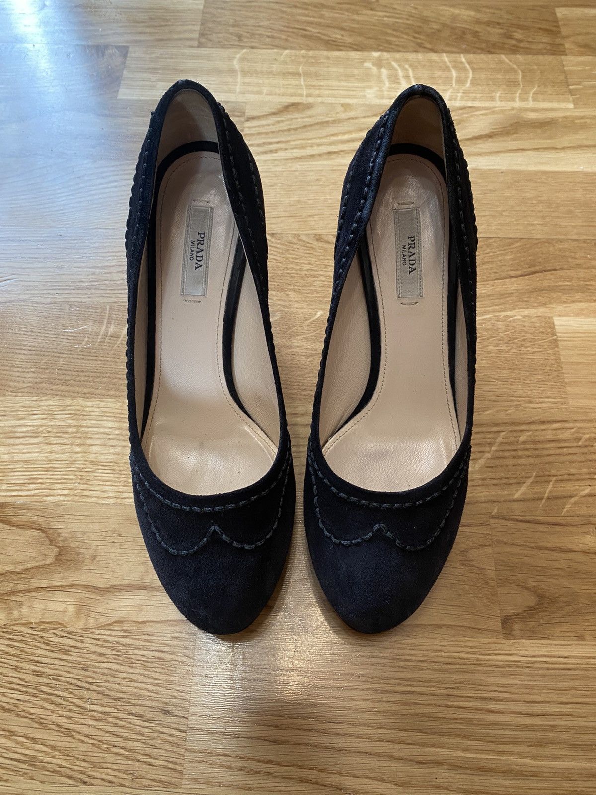 Prada Prada Black Suede Whipstitch ClassicHigh Heel PumpsSize 37.5 Size US 7.5 / IT 37.5 - 3 Thumbnail