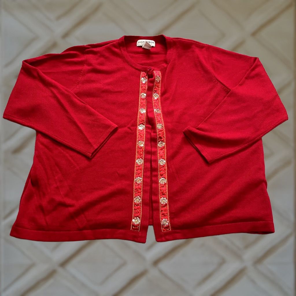 Vintage VINTAGE Sag Harbor Cardigan Sweater Womens 2X Red Floral Beaded Button Crew Neck Long Sleeve Knit Size XXL / US 16-18 / IT 52-54 - 1 Thumbnail