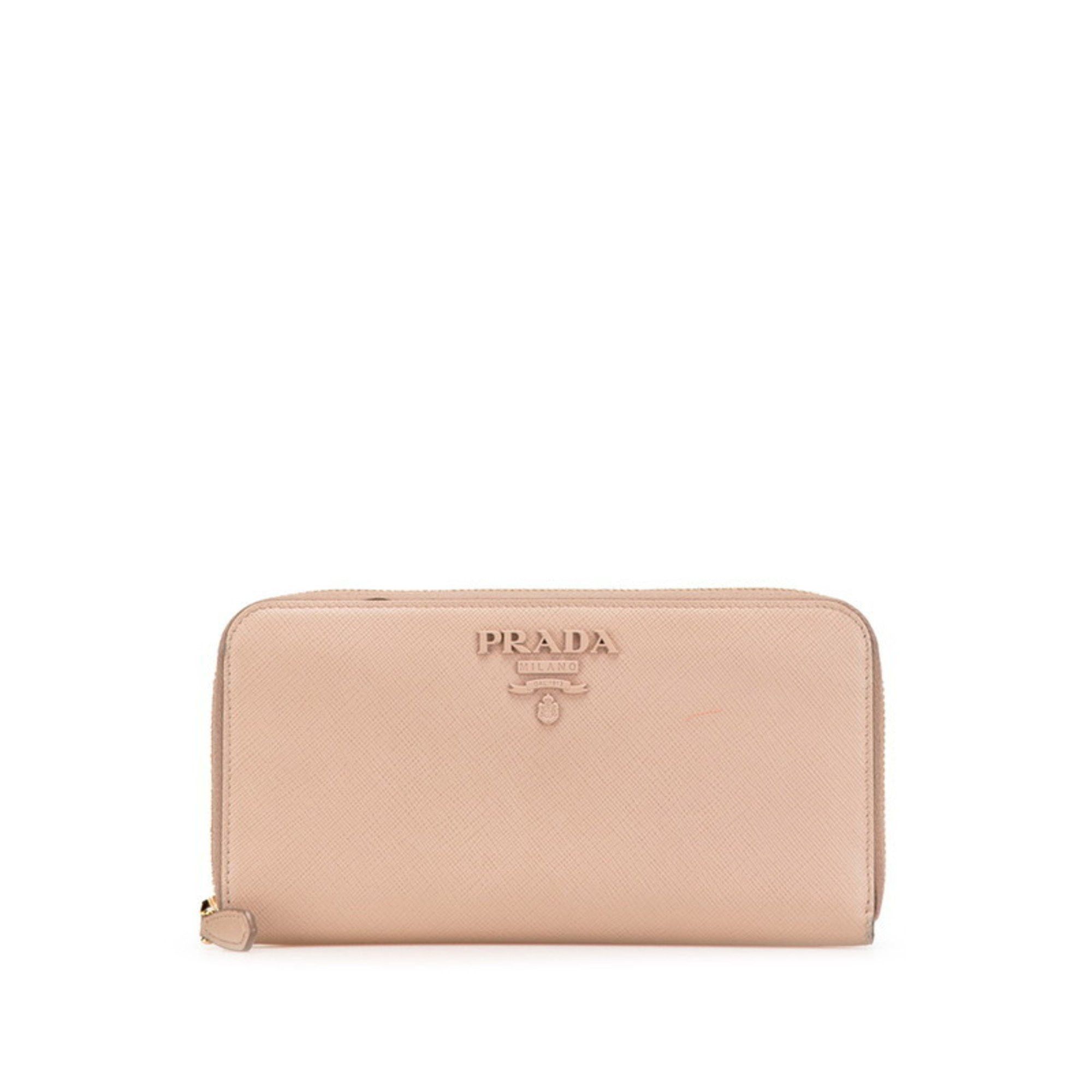 Prada round zipper long wallet in beige and pink Saffiano leather for women.