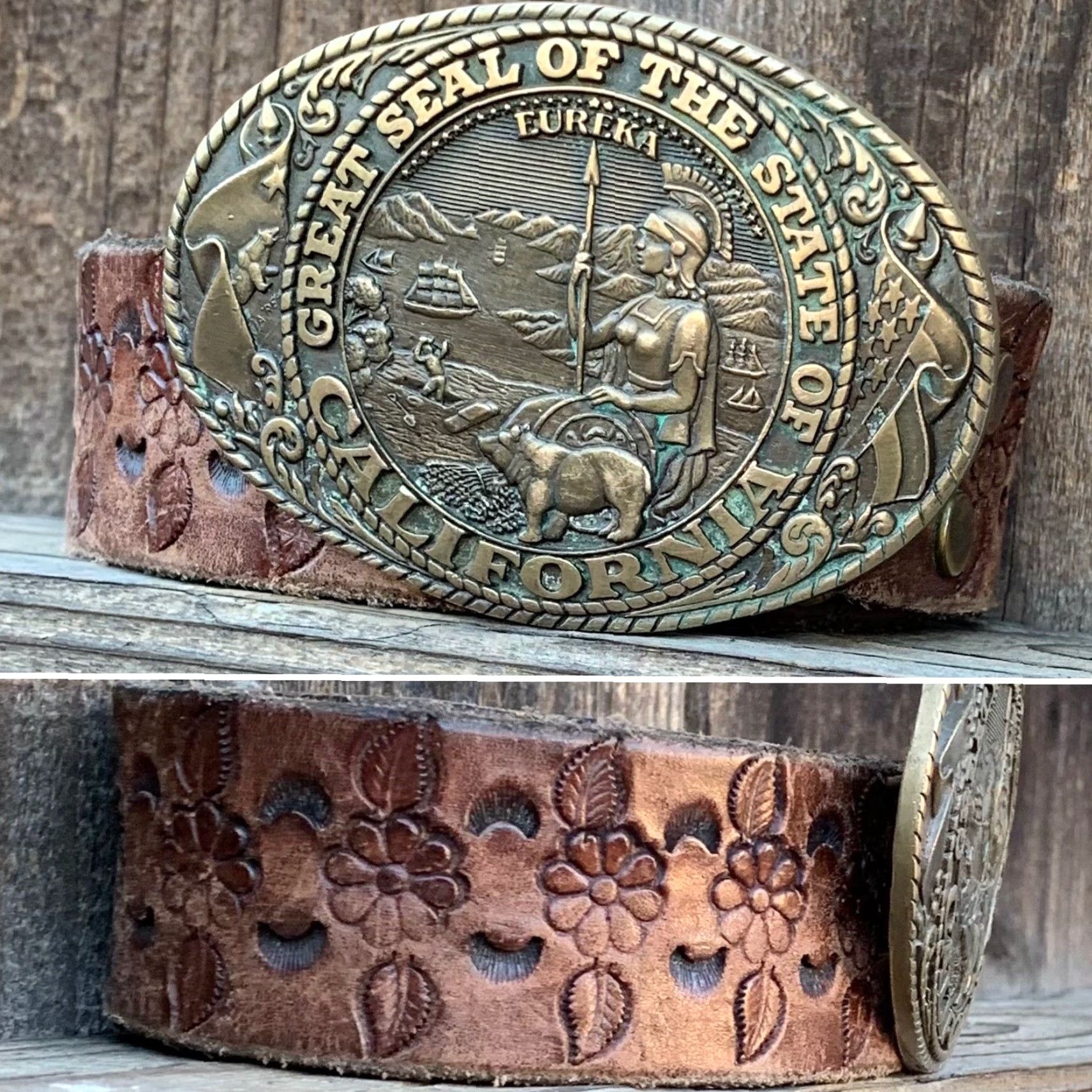 Tony Lama VINTAGE tooled leather belt Tony Lama state series California brass buckle Belt Adult Unisex Rockabilly Size ONE SIZE - 2 Thumbnail