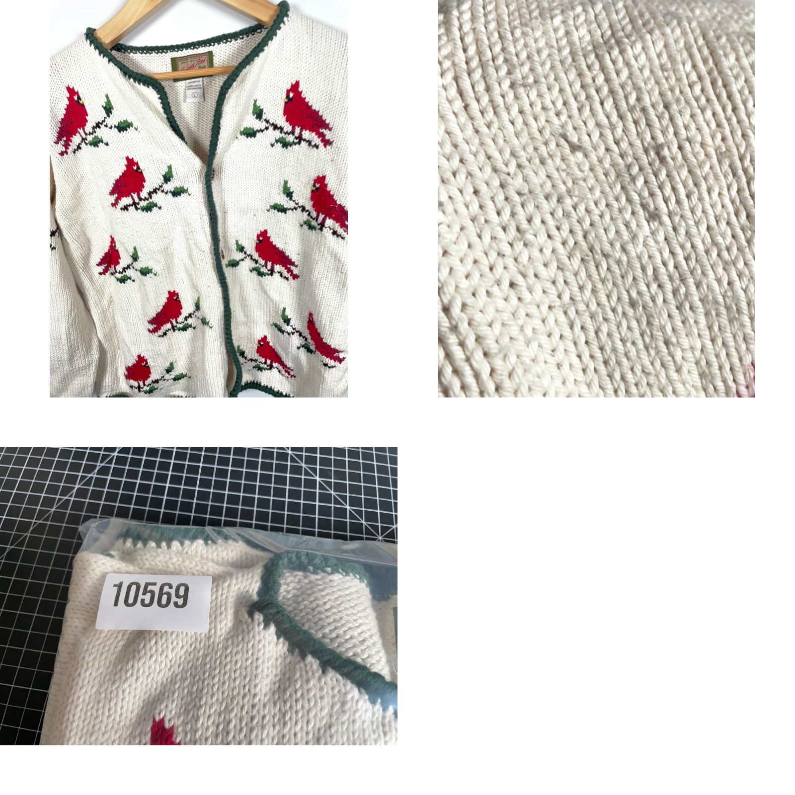 Vintage VINTAGE Leelanau Trail Cardigan Women's Large Ivory Cardinal Motif 100% Cotton Chunky Knit Long Sleeve Collared Mermaid? Size L / US 10 / IT 46 - 9 Thumbnail