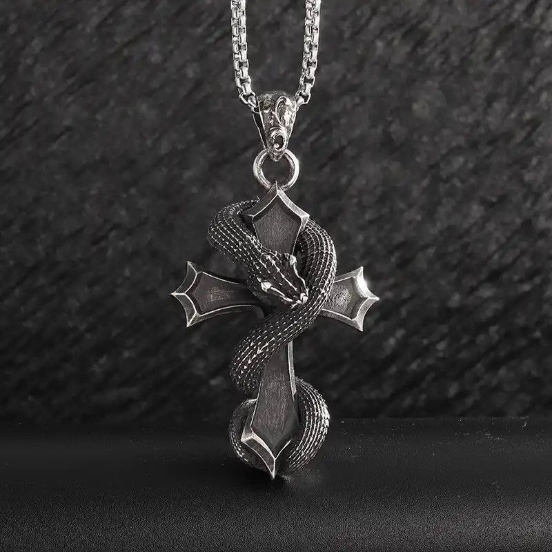 Jewelry × Vintage Gothic Retro Cross Dragon Snake Pendant Necklace Size ONE SIZE - 3 Thumbnail