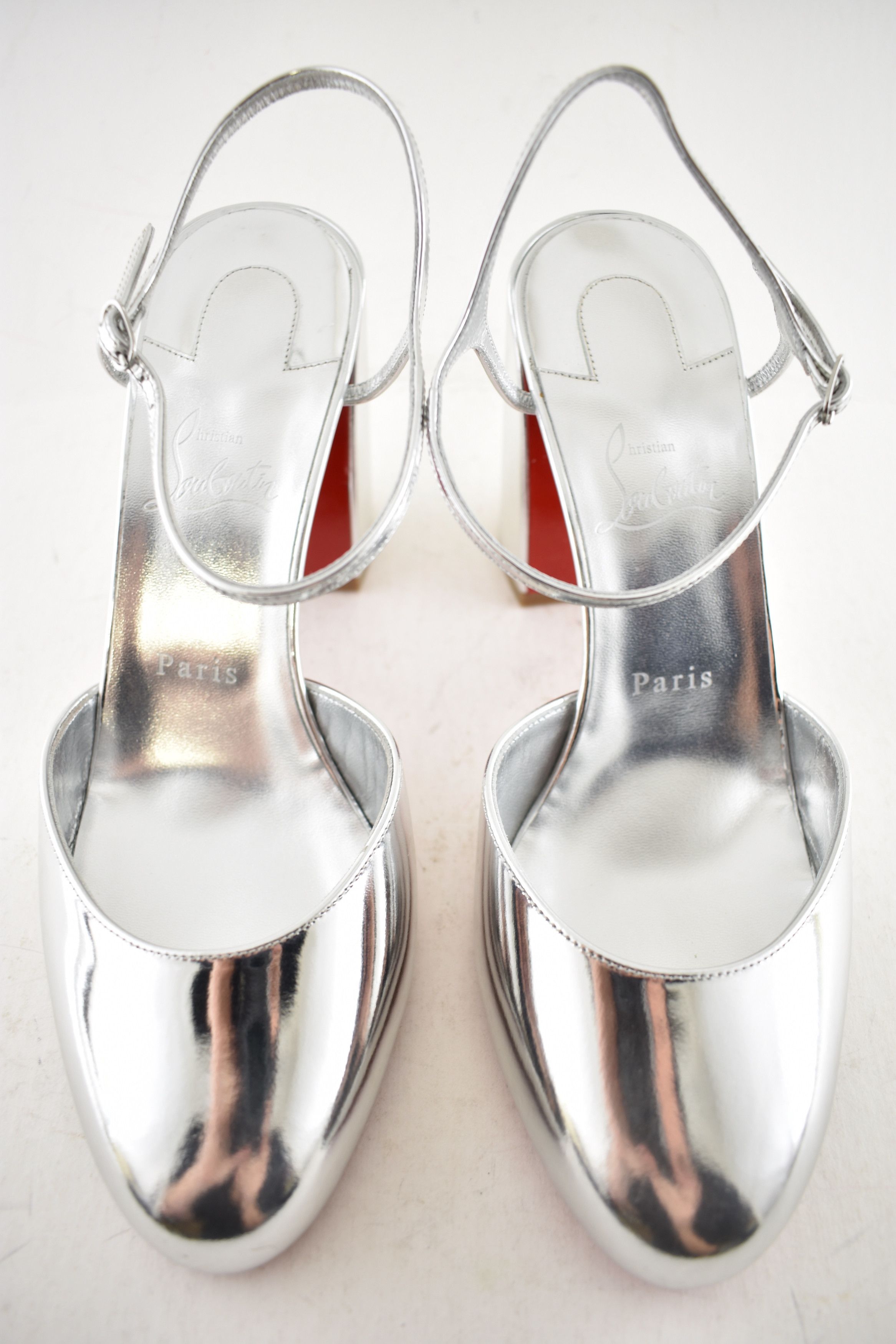 Christian Louboutin Jane Pump 85 Silver Leather Ankle Strap Block Heel Sandal 40 Size US 10 / IT 40 - 11 Thumbnail