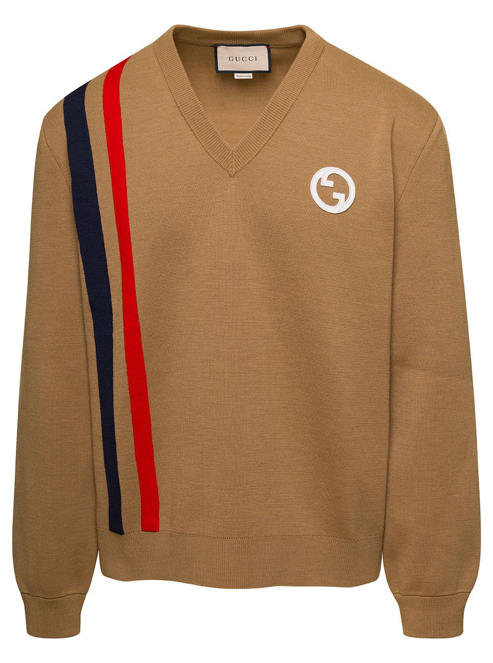 Gucci Beige Sweater with Interlocking G and V Neck in Wool Man Size US L / EU 52-54 / 3 - 1 Thumbnail
