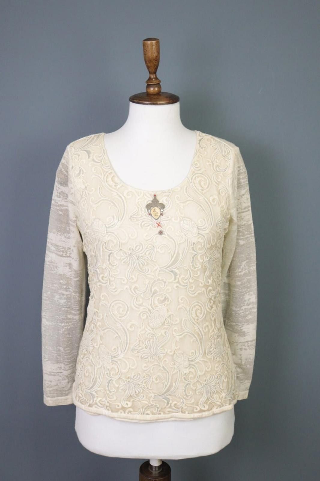 Designer Elisa Cavaletti Sono Italiano Beige Jasquard Blouse Top Size M / US 6-8 / IT 42-44 - 1 Thumbnail