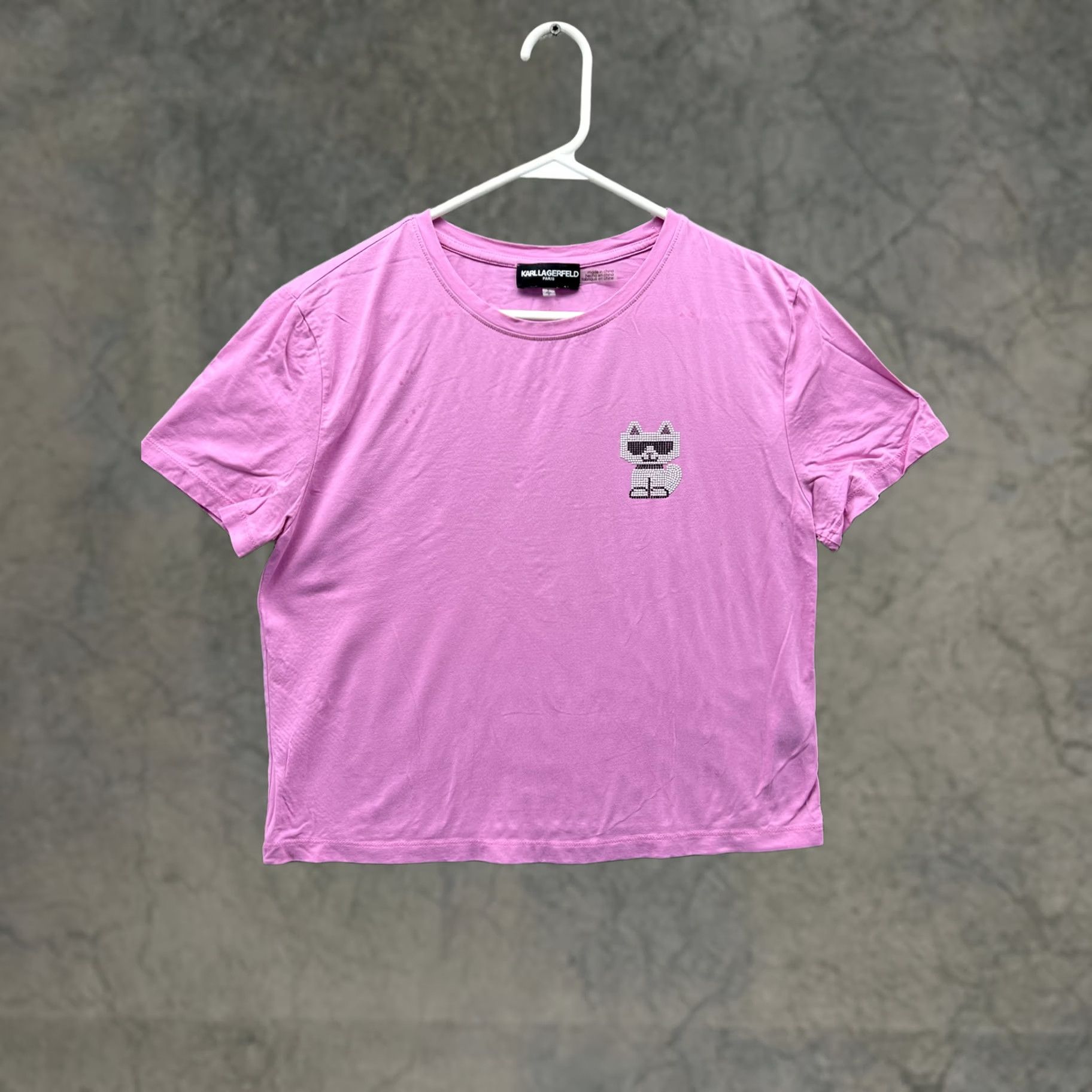 Karl Lagerfeld Karl Lagerfeld Paris Shirt Womens Small Pink Cat Rhinestone Cropped Top Size S / US 4 / IT 40 - 1 Thumbnail