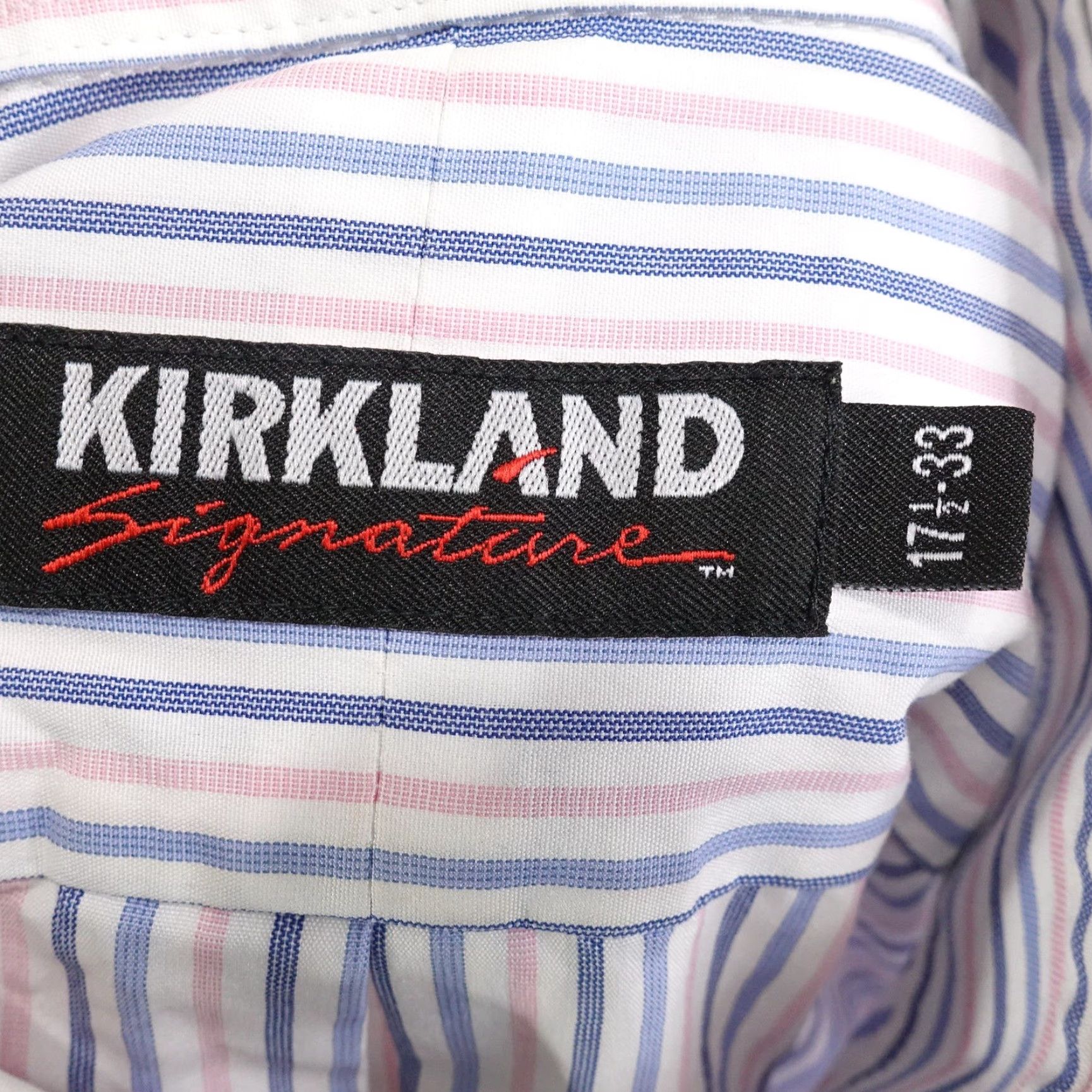 Vintage VINTAGE Kirkland Signature Dress Shirt Mens 17.5 Long Sleeve Blue Pink White Striped Non-Iron Business Casual Size US XL / EU 56 / 4 - 6 Thumbnail