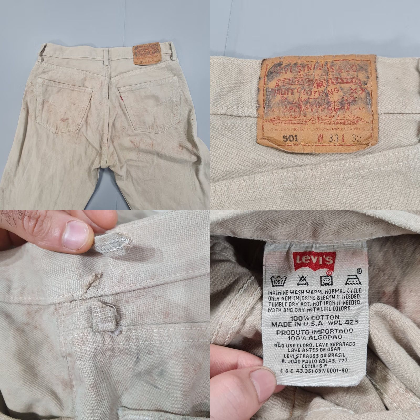 Levi's VINTAGE Levi's 501 Jeans Mens Straight 90s W31 L32 Ivory Distressed Paint USA Made Size US 31 - 9 Thumbnail