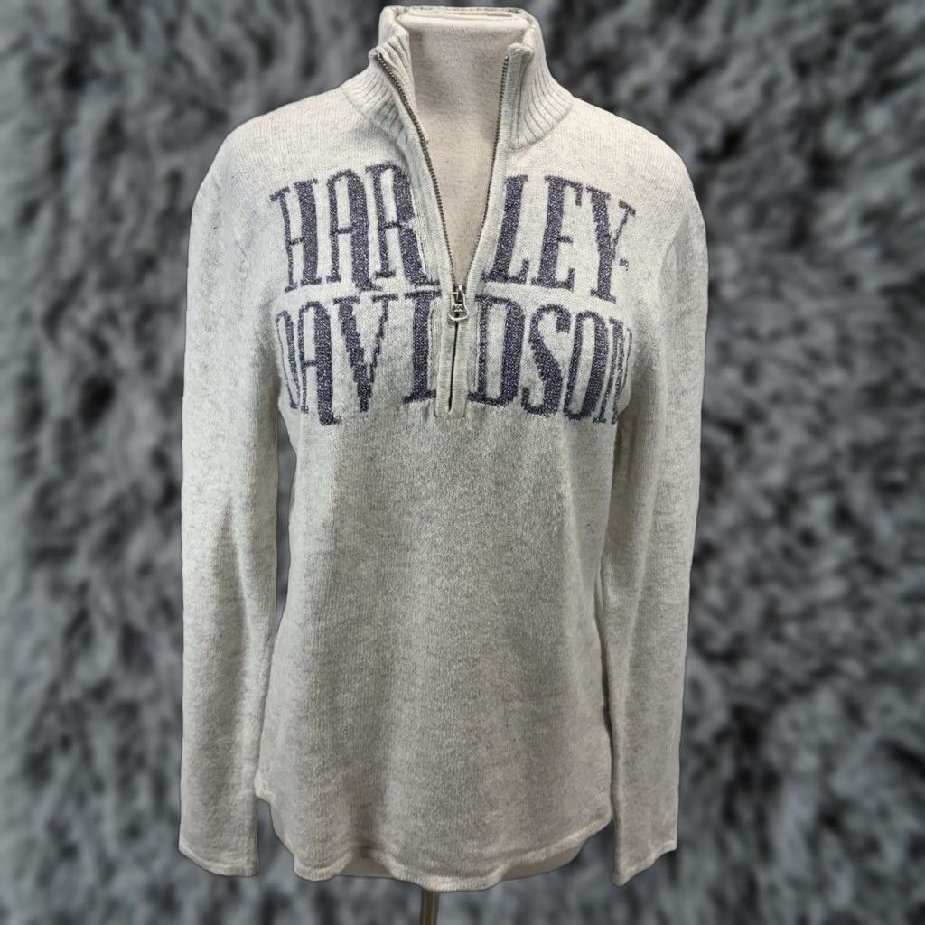Harley Davidson VINTAGE Harley-Davidson Sweater Women's XL Gray 1/4 Zip Mock Neck Pullover Knit Sweatshirt Size XL / US 12-14 / IT 48-50 - 1 Thumbnail