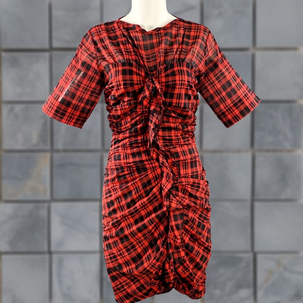 Vintage ISABEL MARANT ETOILE Red Black Plaid Ruched Dress XS Women Size XS / US 0-2 / IT 36-38 - 1 Thumbnail