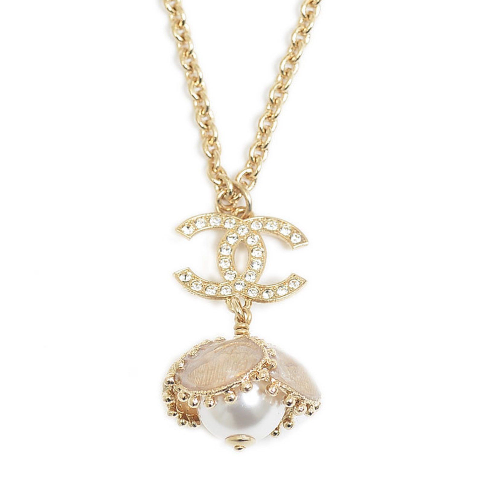 image of Chanel Cocomark Flower Pearl Necklace Gold F23K, Women's