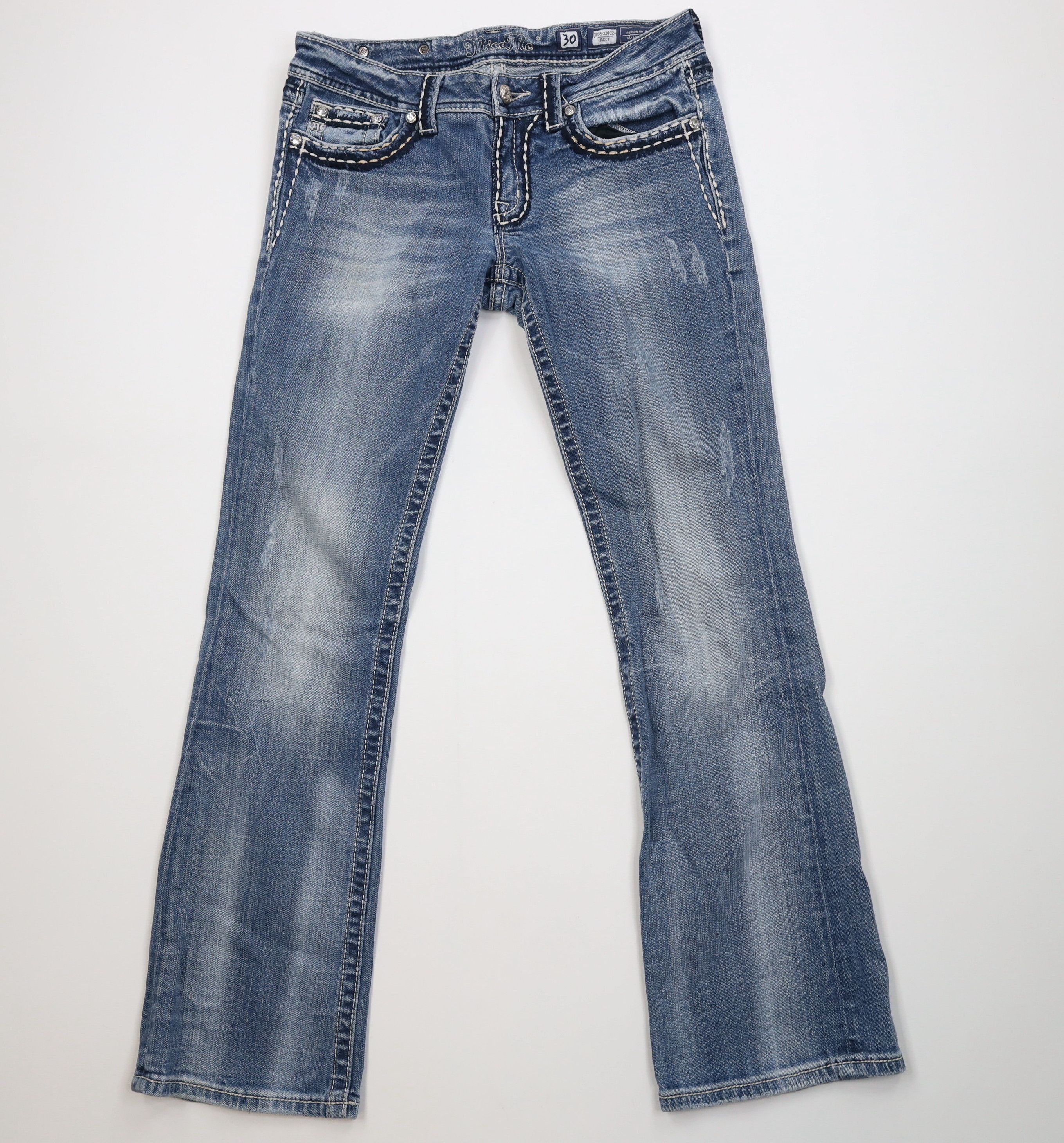 Miss Me Miss Me Thick Stitch Jeweled Flared Bootcut Denim Jeans Size 30" / US 8 / IT 44 - 1 Thumbnail