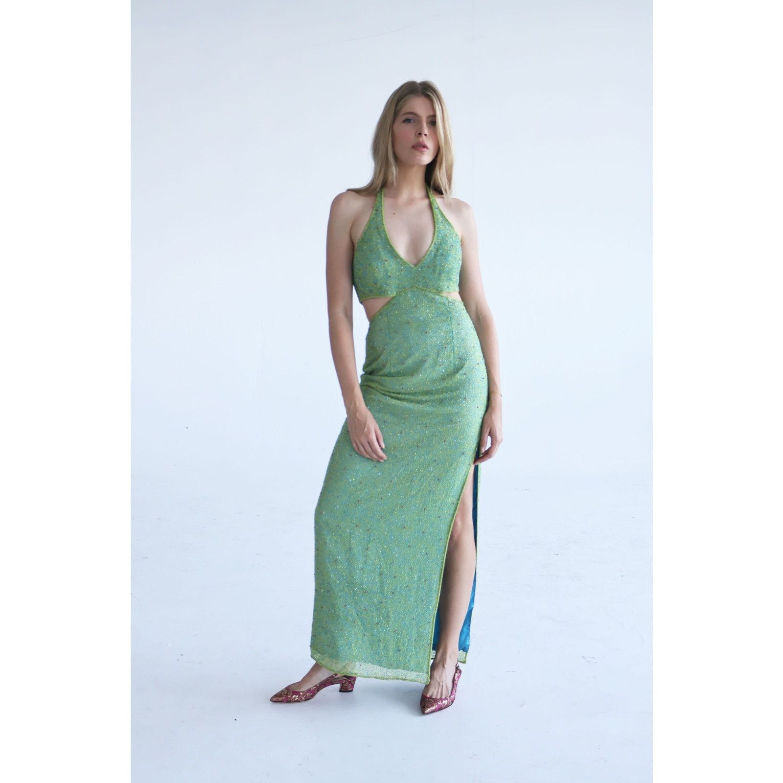 Vintage Vintage Scala Y2K Green Silk Beaded Cutout Open Back Dress Size M / US 6-8 / IT 42-44 - 6 Thumbnail