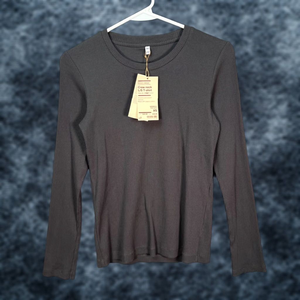 Muji MUJI Womens XS Dark Grey Ribbed Crew Neck Long Sleeve T-Shirt Organic Blend NEW Size XS / US 0-2 / IT 36-38 - 1 Thumbnail