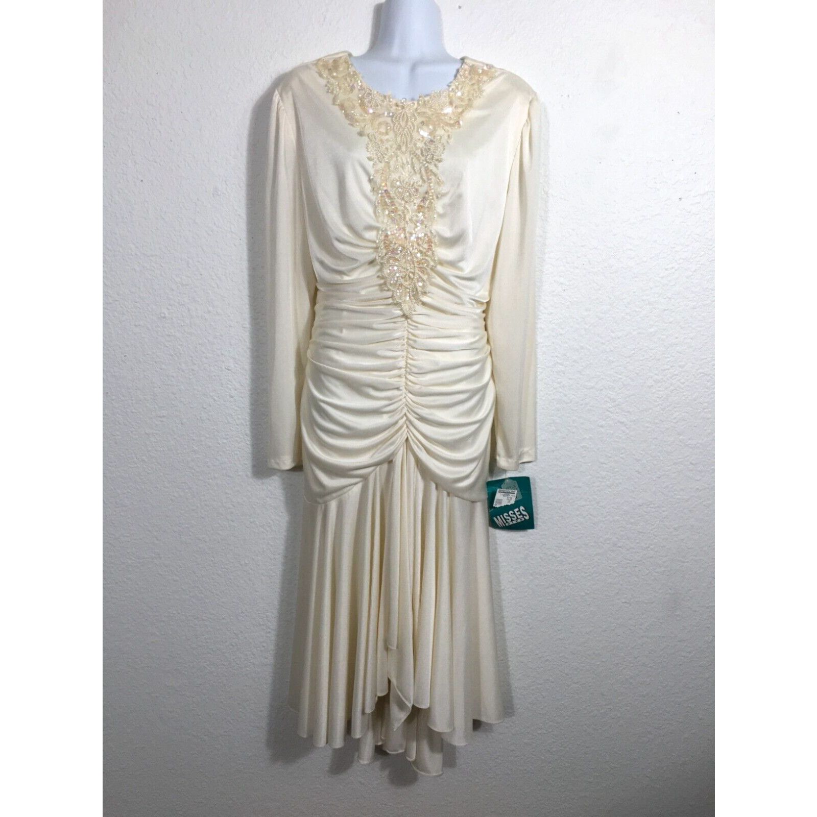 image of Vintage 80's David Rose Dress Womens Large Ivory Sequin Draped Wedding Party in White