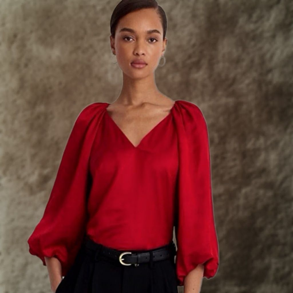 Ralph Lauren Ralph Lauren Womens Blouse Red Satin Shantung 3/4 Sleeve V-Neck Hook & Eye Size 14 Regular Linen Polyester Viscose Lined Casual Vintage No Size XL / US 12-14 / IT 48-50 - 1 Thumbnail