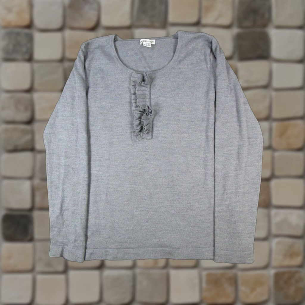 Lacoste Lacoste Women's Gray Wool Blend Ruffle Pullover Shirt Sweater L Large Round Neck Long Sleeve Size L / US 10 / IT 46 - 1 Thumbnail