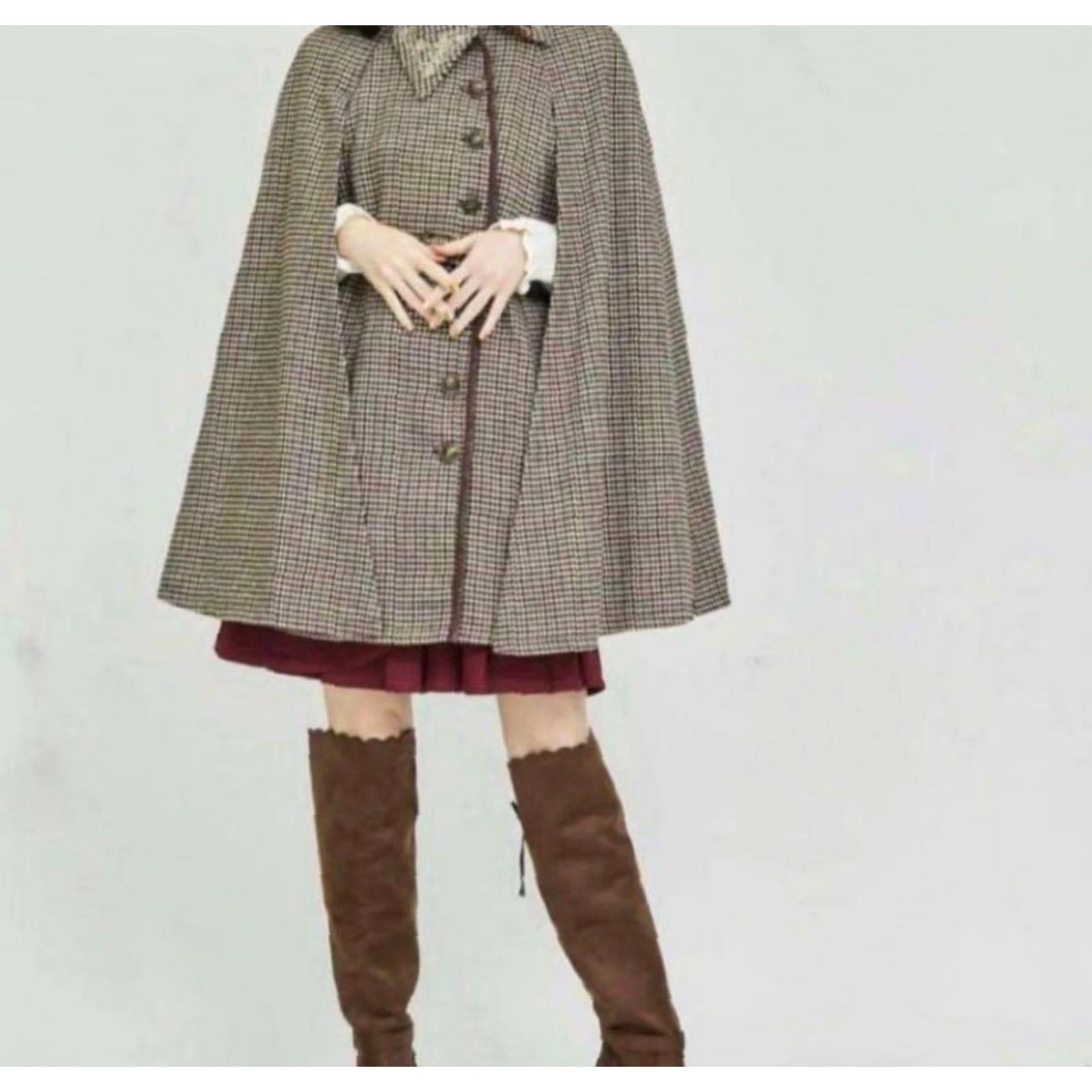 Vintage Axes Femme Houndstooth Cape Coat Jacket Poncho brown free size Used from japan Womens One Size Long Sleeve Vintage? No Size ONE SIZE - 2 Thumbnail