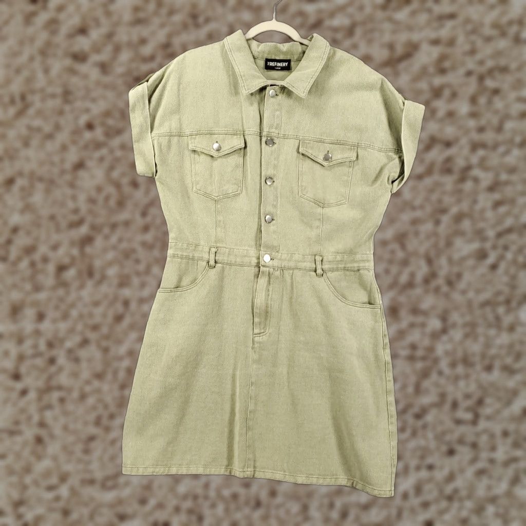 Vintage Womens Denim Dress Size Large The Refinery Short Sleeve Button Up Collared 90s Classic Mini Green Denim Dress Size L / US 10 / IT 46 - 1 Thumbnail