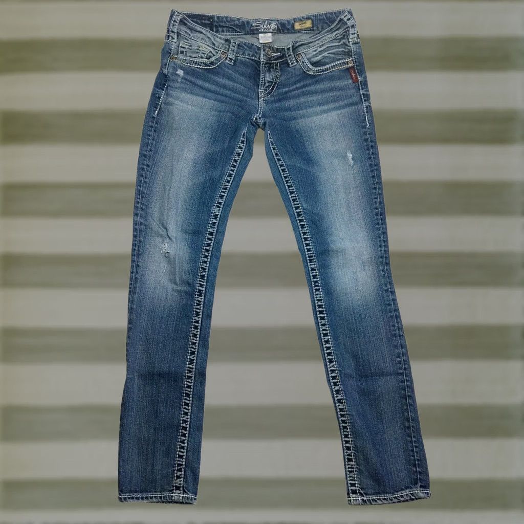 Silver Jeans Co. Silver Jeans Aiko Skinny Jeans Dark Wash 29x31 Womens Mid Rise Denim Stretch Pockets Logo 5-Pocket Size 29" - 1 Thumbnail