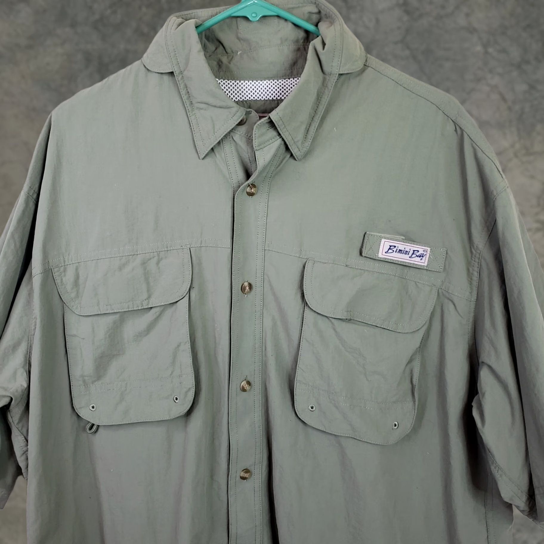 Vintage Bimini Bay Outfitters Men Button-Up Shirt XL Green Short Sleeve Vented Pockets Logo Collared Casual Travel Outdoor Shirt Size US L / EU 52-54 / 3 - 1 Thumbnail