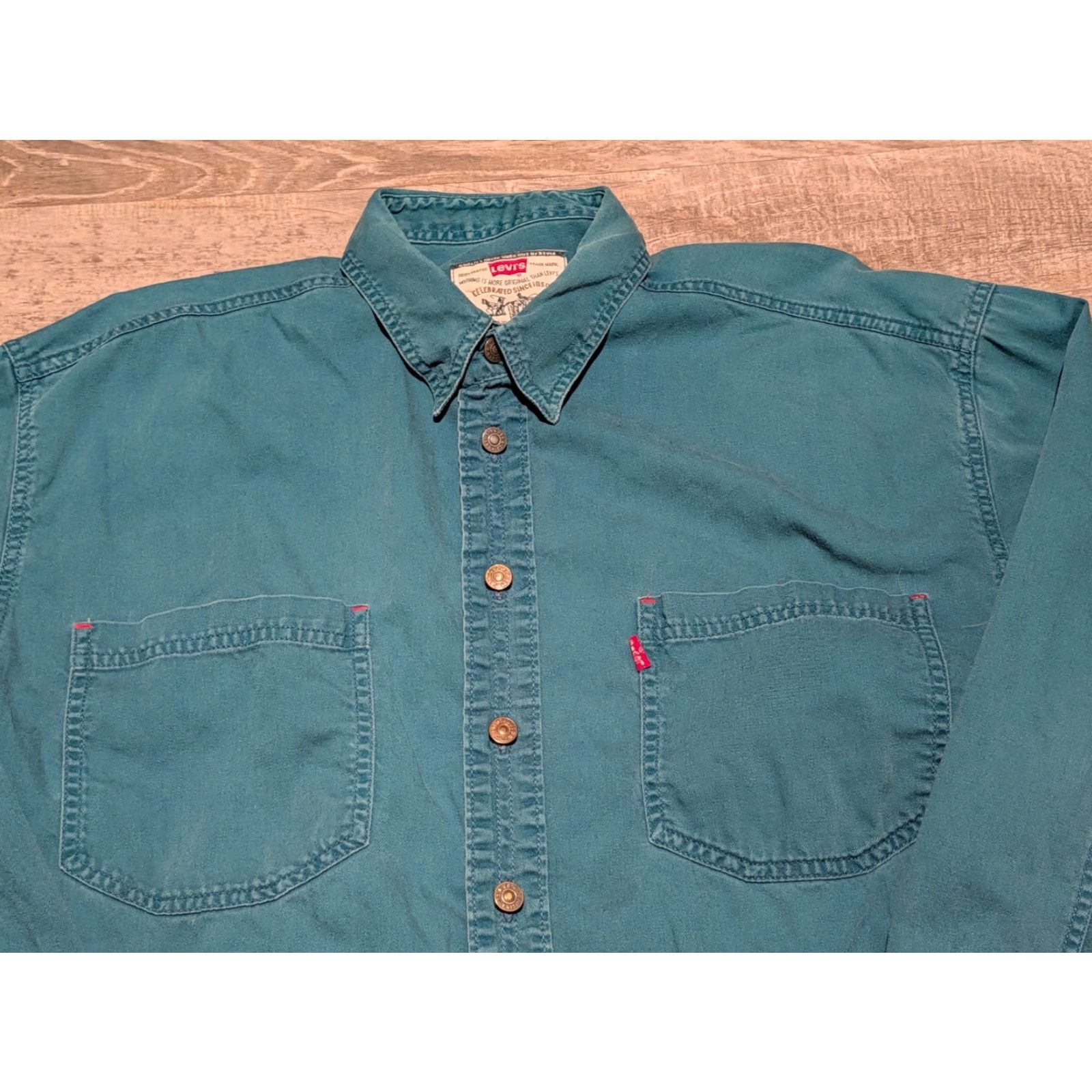 Levi's VINTAGE Levi's Teal Green Collared Work Shirt Button Front Long Sleeve Mens M Size US M / EU 48-50 / 2 - 2 Thumbnail