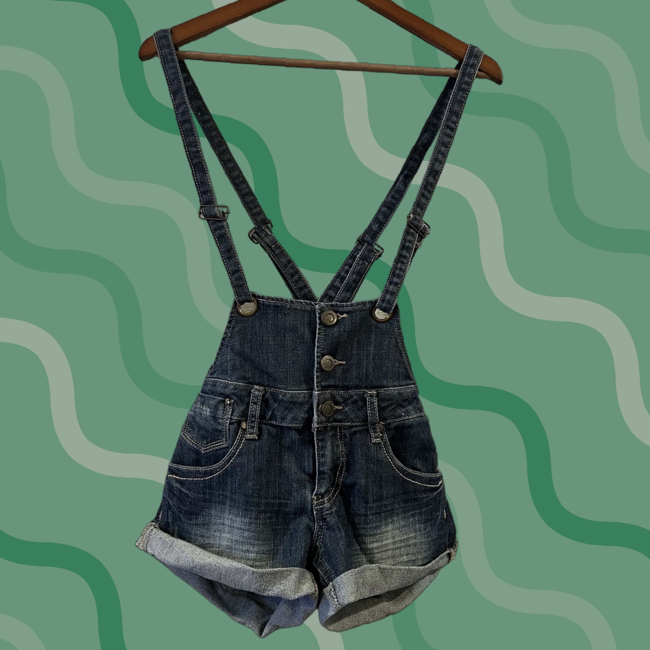 Vintage Hot Kiss Shortalls Womens 5 Juniors Button Front Cut Off Stretch Denim Pocket Cotton Spandex Straight Inseam 3 in Blue Vintage No Size 27" / US 4 / IT 40 - 1 Thumbnail